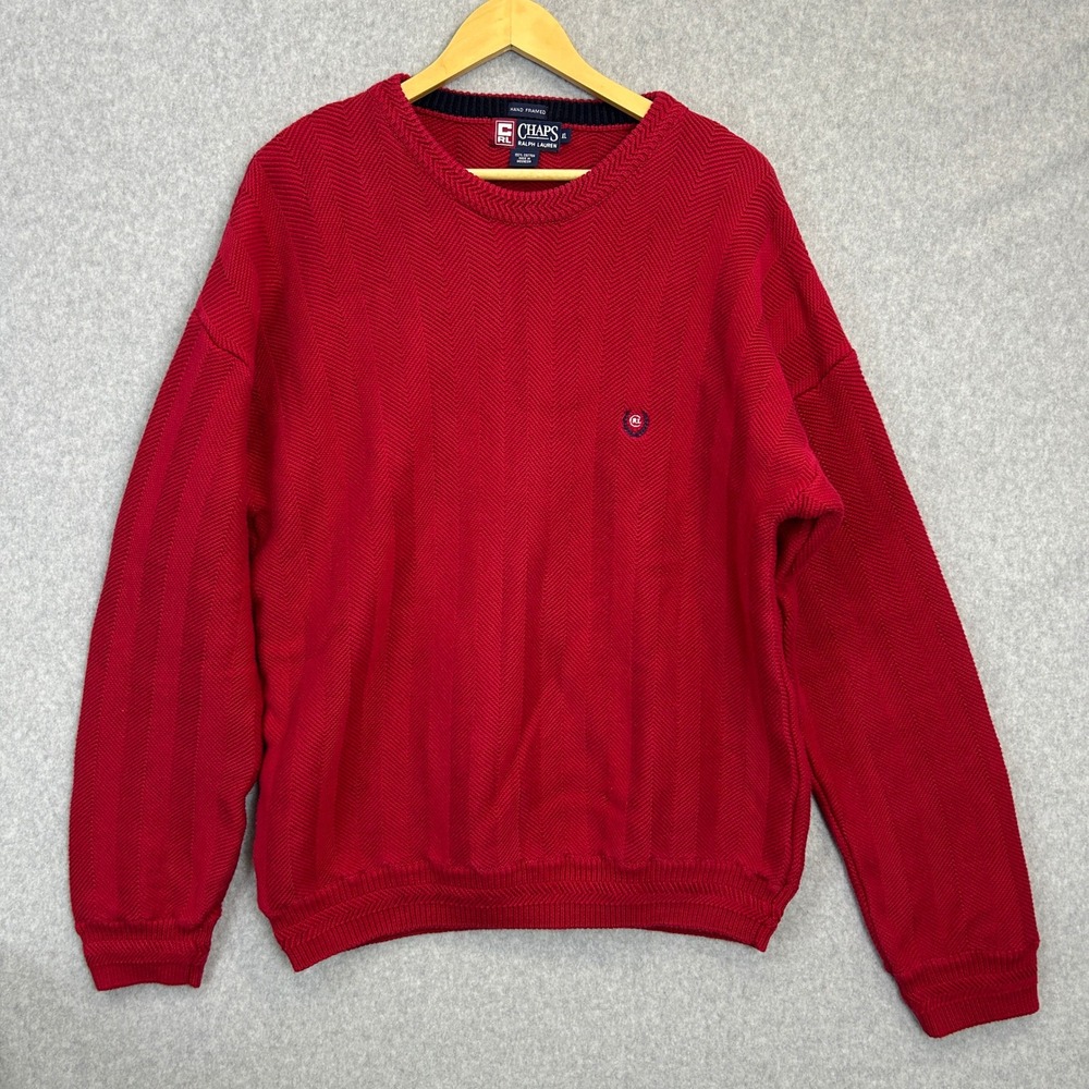 Chaps Ralph Lauren Crewneck Sweater Red Cotton Knit Hand Framed Heritage Mens XL